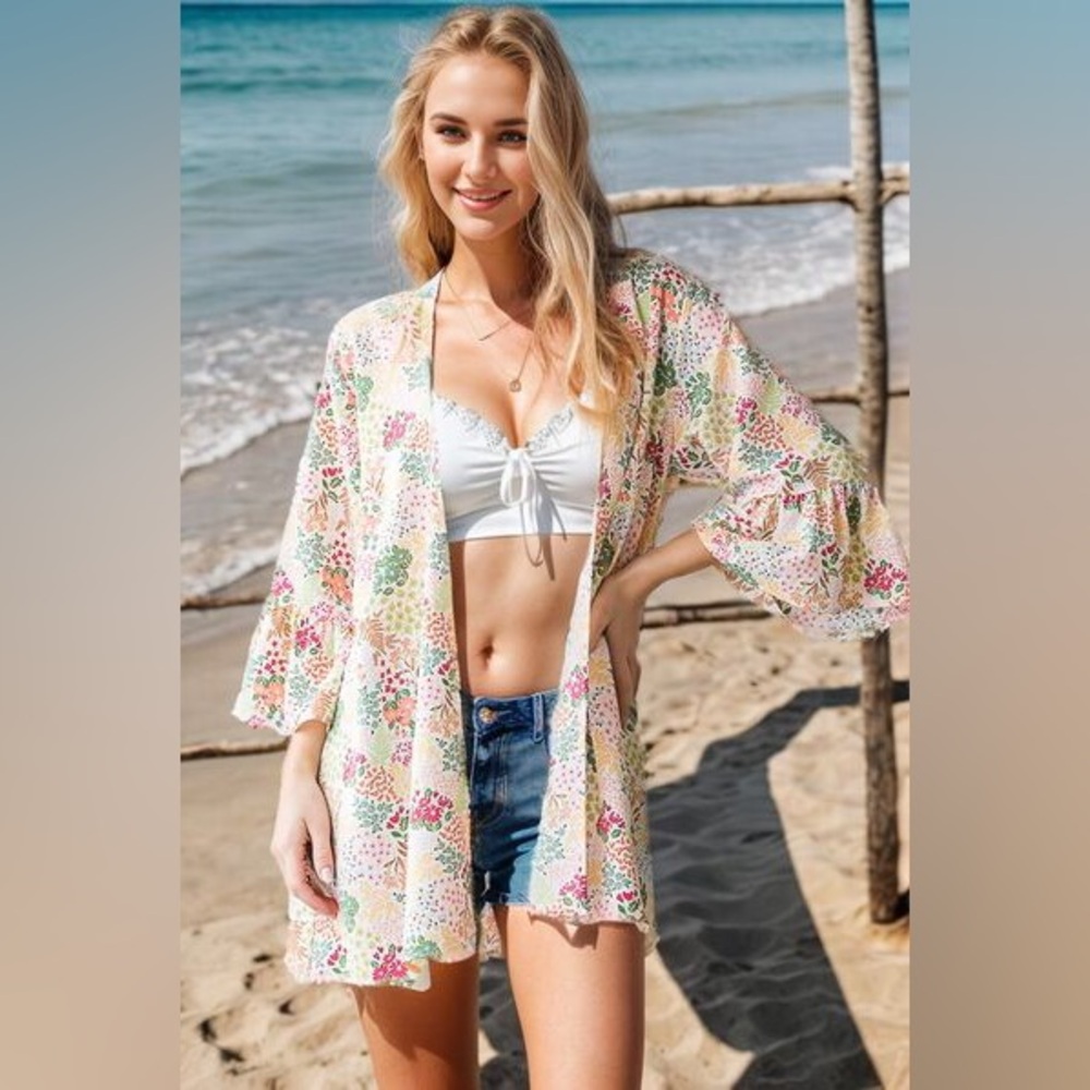 Heimish Floral Ruffle Sleeve Kimono or Swim Cover Up